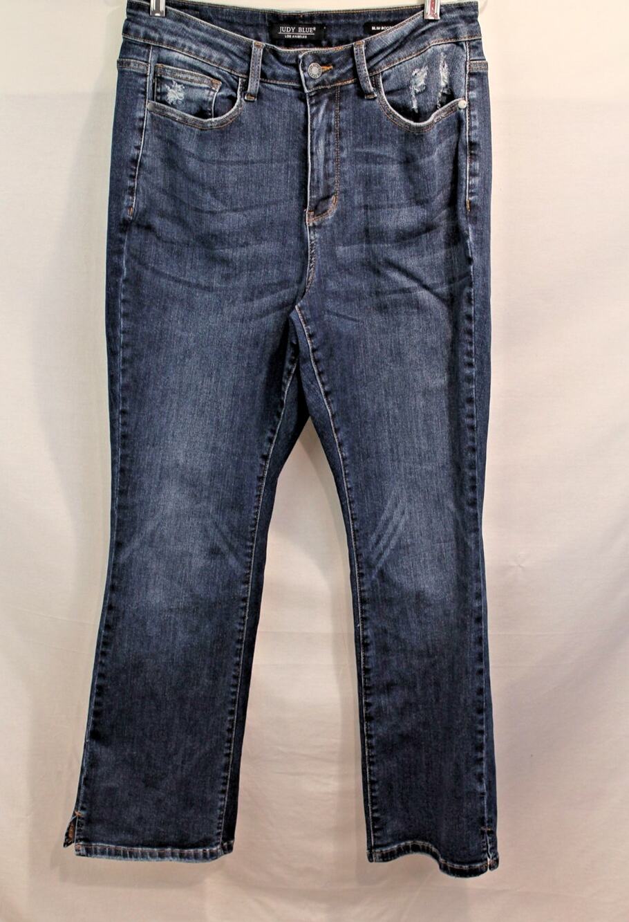 Judy Blue Slim Boot Jeans Womens size 14W Blue Stretch Distressed Denim Slit Hem